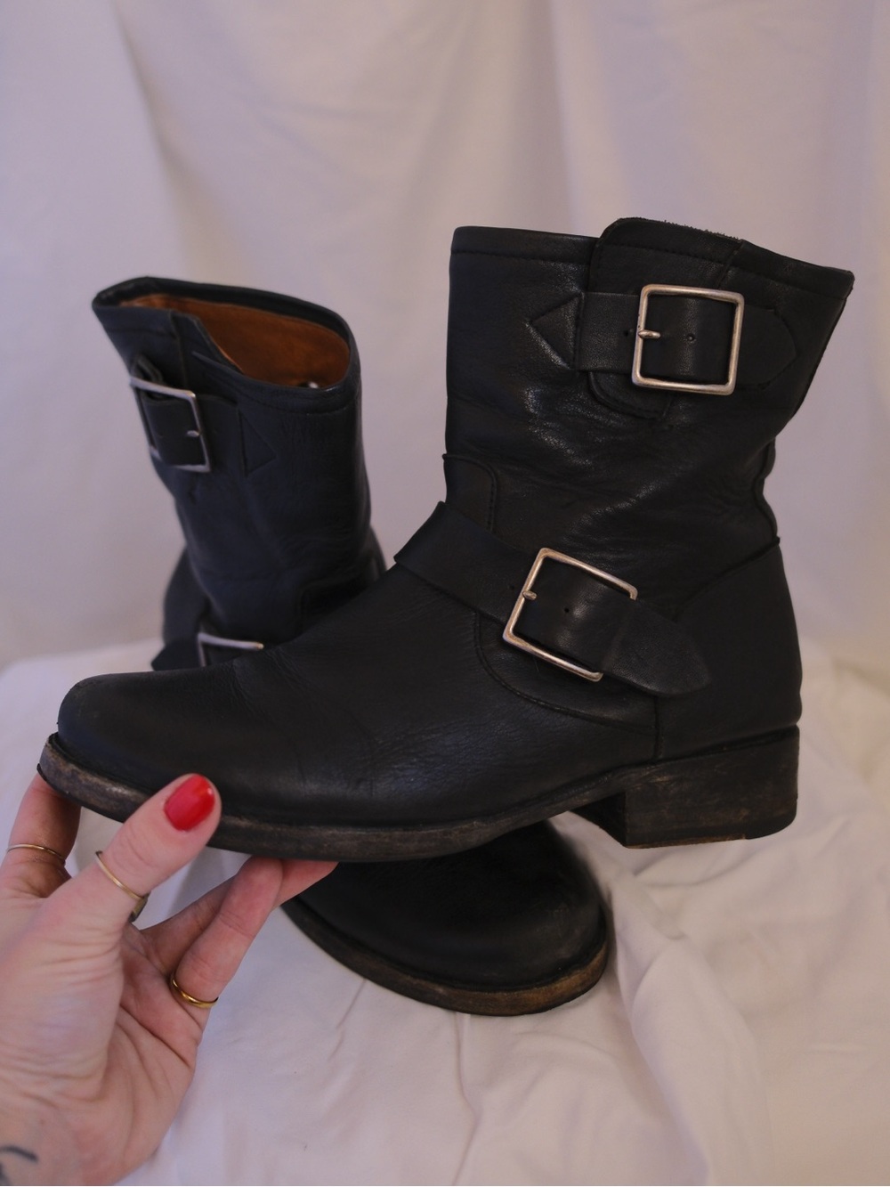 Frye Black Leather Moto Ankle Boots Double Buckle Size 7